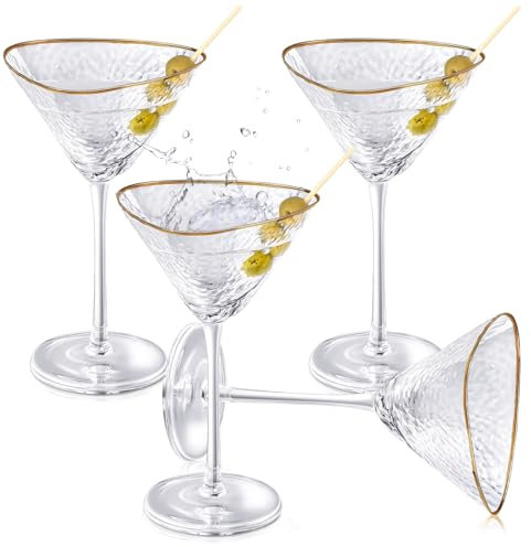 Teenyyou Gold Trim Martini Glass Coupe Glasses Set of 4 Hammered with Stem