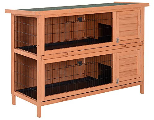 PawHut Kleintierstall Kleintierkäfig Kleintierhaus Meerschweinchenstall doppelstöckig Tannenholz Orange 136,4 cm x 50 cm x 93 cm