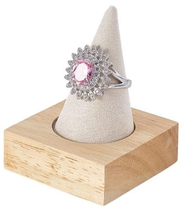 AHANDMAKER Soporte de anillo de un solo dedo, soporte de exhibición de anillos en forma de cono de terciopelo beige con base recubierta de madera, organizador de anillos de joyería de boda con