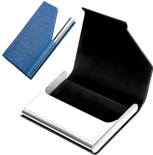 Visitenkartenetui, Slim Superleichter Visitenkartenhalter, Business Name Kartenhalter, PU Leder Kartenetui, Metall Kartenetui für Damen Herren (Blau)