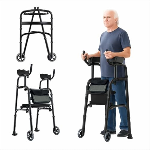 Déambulateur pliable avec accoudoir – Déambulateur vertical pour personnes âgées, aide à la mobilité debout pour intérieur et extérieur, capacité de poids de 136 kg, hauteur réglable (noir + banc de