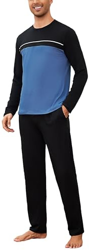 Bresdk Pijama Hombre Invierno Algodón Manga Larga a Rayas 2 Piezas S-3XL | Conjunto de Pijamas 2 Piezas con Camiseta y Pantalón con Cordón y Bolsillos Ropa de Dormir Cuello Redondo Suave y Cómodo