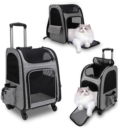 Zaino Gatto Trasporto, Trasportino Gatto Ruote Trasportino Zaino per Cani con Ruote, Adatto per Cani e Gatti Fino a 15 Kg, Ideale per Passeggiate, Viaggi e Visite dal Veterinario