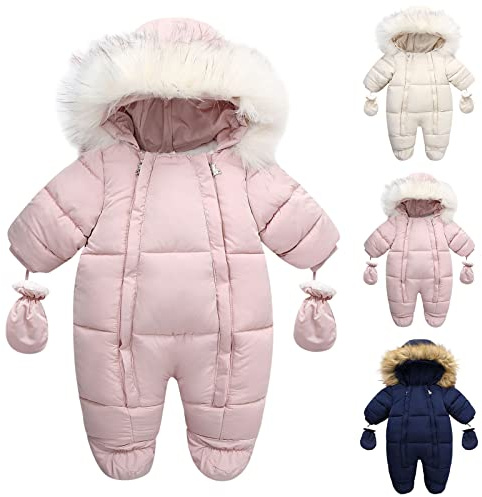 YCBMINGCAN Piumino invernale per neonati con doppio zip, tuta da neve con guanti e piedini rimovibili, tutina unisex per ragazzi e ragazze, #01-rosa, 12-18 Monate
