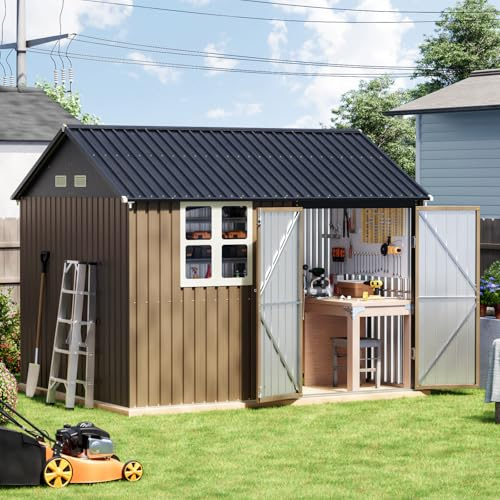 Grovellis Update 8x10 FT Outdoor Metal Storage Shed, Single Door, 1 Clear Window, Tool Shed for Garden, Patio, Backyard Brown