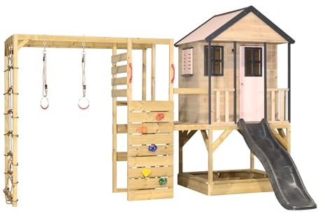 Wendi Toys Parque de Juegos Infantil de Jardín de Madera FSC con Tobogán, Escalada con Red y Arenero, 340×360×242 cm, Rosa/Gris – M48PPG-G