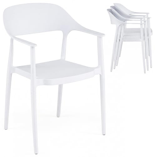 COSTWAY Silla de Cocina Pack 4 de Plástico Reciclado, Sillas de Comedor Apilables con Respaldo Curvado, Apoyabrazos y Asiento Amplio, Sillas Terraza para Exterior e Interior, Salón, Jardín (Blanco,4)