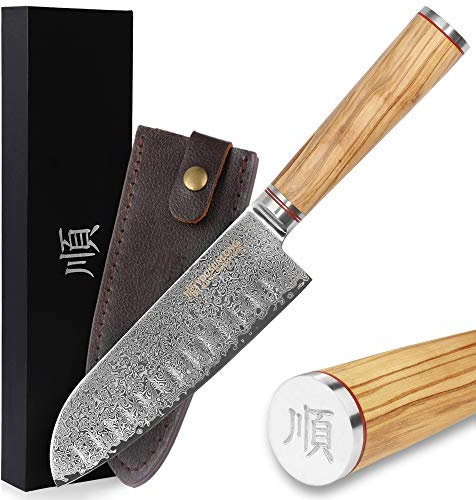 YOUSUNLONG Cuchillos Santoku Cuchillo de Chef de 7 Pulgadas VG10 japonés Damasco Martillado Mango Italiano de Madera de Olivo con Funda de Cuero