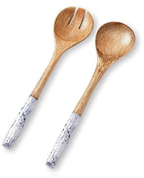 Folkulture Salad Servers or Salad Tongs, Wooden Spoons for Cooking, Serving Utensils for Salad or Pasta, 12-inch or 30cms Spoon and Fork Set, Mango Wood, Blue