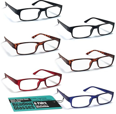 Boost Eyewear 6 Pack Reading Glasses, Traditional Frames in Black, Tortoise Shell, Blue and Red, for Men and Women, with Comfort Spring Loaded Hinges, Assorted Colors, 6 Pairs (1.75, 9, 2, 0, 0, 6)