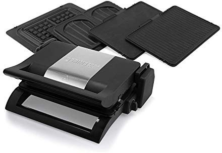 Barbacoa eléctrica de contacto, gofrera y sandwichera 4 en 1, placas intercambiables, 31,5 x 21,5 cm, incluye pinzas para barbacoa