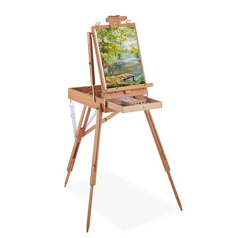 Relaxdays Kofferstaffelei Holz, für Erwachsene, Höhe & Neigung verstellbar, tragbar, XL Staffelei mit Schublade, natur