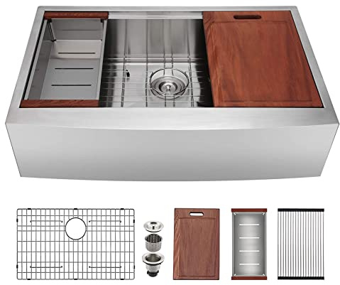 CELAENO 33 inch Farmhouse Kitchen Sink, Heavy Duty Single Bowl Apron Front Stainless Steel Workstation 18 Gauge, 9” Deep Handmade R10 Radius Farm Sink with Various Accessories