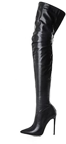 PAIDAXING - Stivali alti alla coscia da donna, in ecopelle, a stiletto sopra il ginocchio, vestibilità ampia, alla moda, sexy, con cerniera, taglia 4,5-7, Nero , 39.5 EU