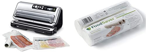 FoodSaver FFS006X-01 Envasadora al vacío, 125 W, Acero Inoxidable, Gris y negro + Foodsaver 2001 FSR2002-I envasado al vacío, 2 Rollos de 20 x 6.70 cm, 20 cm x 6.7 m