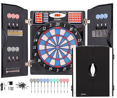 WIN.MAX Electronic Dart Board Cabinet Set, LED Electric Digital Soft Tip Dart Boards for Adults with Cabinet, up to 16 Players, 38 Games and 211 Variations with 12 Soft Tip Dartboard Set (Silver)