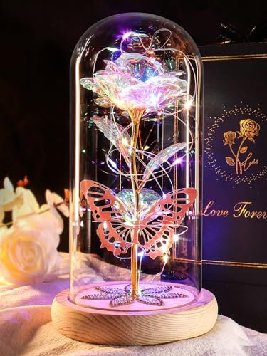 Christmas Rose Gifts for Women Galaxy Colorful Rose Crystal Flowers Gifts for Women Eternal Flower Birthday Gifts for Her Mum Grandma Wife Christmas Anniversary Light Up Flower In A Glass Dome Gift