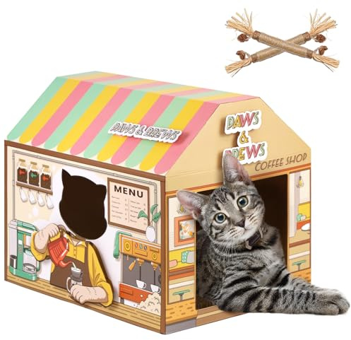 SEKAM Cardboard Cat House With Scratcher (16.5'' x 12'' x 15'') ，Coffee Shop for Indoor/Outdoor Cats, Play House & Home Decor, Cat Scratch Toy for Birthday, Hideout for Small Animals