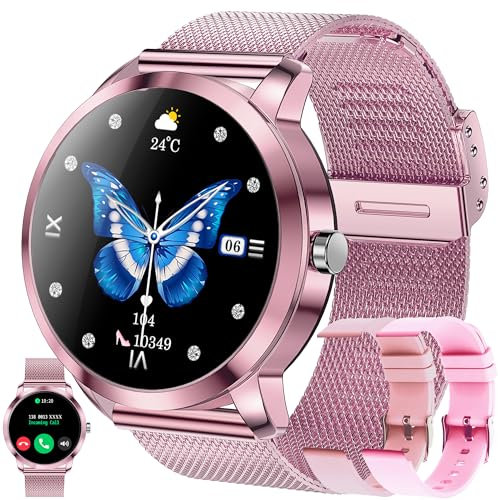Smartwatch Damen mit Telefonfunktion, 1,09” Fitnessuhr mit 123 Sportmodi, Pulsmesser, Schlafmonitor, SpO2, Schrittzähler, Fitness Tracker kompatibel mit Android/IOS, 3 Armband, Geschenk Damen (Rosa)