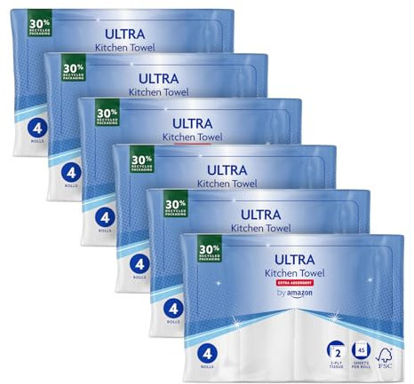 by Amazon ULTRA Küchenrolle, Extra Saugfähig, 24 Rollen (4 Rollen, 6-er Pack), 45 Blätter pro Rolle, Auswringen und Wiederverwenden, FSC-zertifiziert