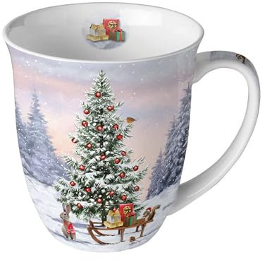 Ambiente Taza de 0,4 l, taza de café, taza de té, porcelana fina, porcelana, invierno, animales, invierno, Navidad, Adviento, abeto, animal