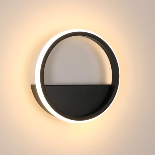 Riserva Lámpara de Pared LED, 12W Redondo Aplique Pared Interior, 3000K Blanco Cálido Luz de Pared Acrílico para Dormitorio, Cocina, Pasillo, Salón, Escaleras, Negro, Ø20cm