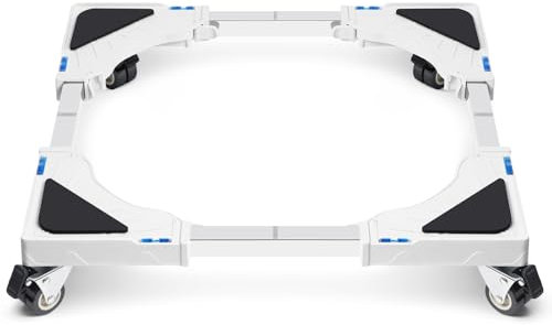 Humagineer Support Machine à Laver Réglable en Largeur 40-60cm, Socle Lave Linge Charge 200KG, Bases de Réfrigérateur et Sèche-Linge avec 4 Roues de Blocage, Anti-Vibration, Réduction du Bruit, Blanc