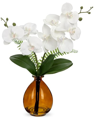Hollyone 15'' Artificial White Orchid Flower in Vase, Fake Orchid Plant with Glass Vase, Decorative Faux Phalaenopsis for Wedding, Centerpiece, Bathroom, Living Room, Windowsill, Desk, Home Decor