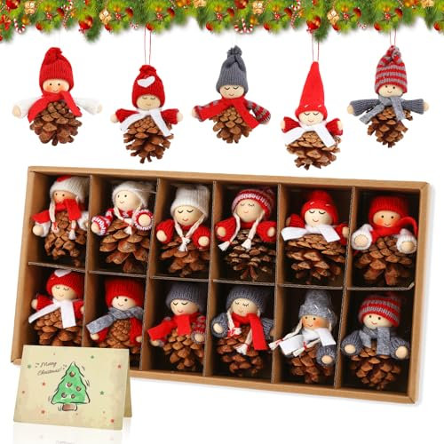 Sweelov Weihnachtswichtel Anhänger Tannenzapfen, 12 Stück DIY Christbaumschmuck Anhänger Wichtelanhänger Bastelset mit Mützen Schals, Natürliche Baumschmuck Geschenkanhänger, ca.10 cm