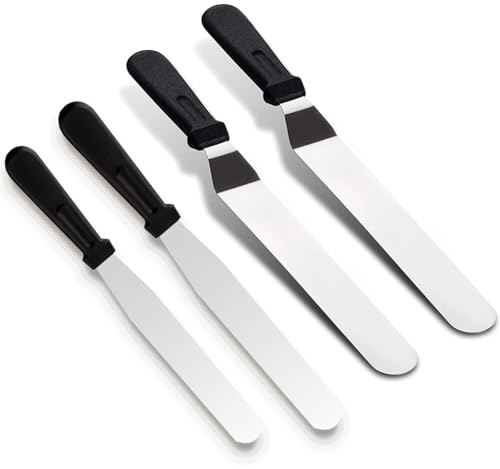 4-Piece Icing Spatula, Offset Spatula Set with 6, 8 Blade, Professional Stainless Steel Scraper Set, Angled & Straight Palette Knife, Stainless Steel Blades with Plastic Handles for Cake Decorating
