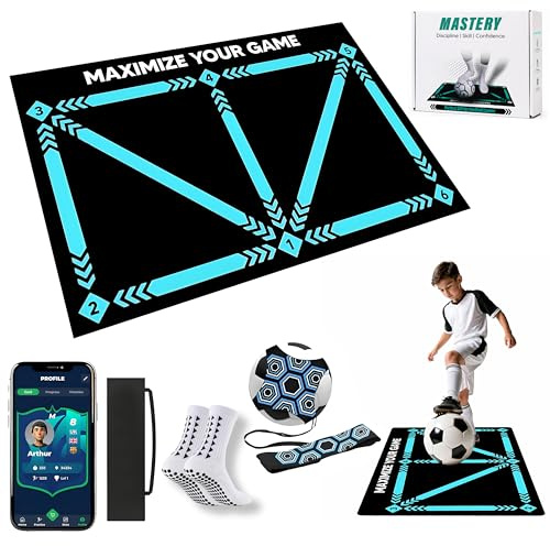 Football Training Mat and Kick Trainer with Mastery APP - Mastery Skills Footwork Mat 90x60cm Football Gifts for Boys | Pro Dribble Ball Control & Stress Relief Games for Kids Girls