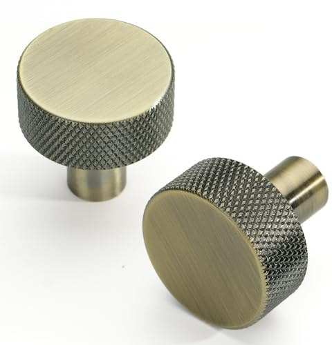 FURNIWARE 10 Pack Shiny Antique Brass Cabinet Knobs, Vintage Knurled Round Head, 31mm Pull Handles, Bronze Aluminium Door Knobs, Cabinet Hardware for Dresser Drawer, Kitchen Cupboard, Wardrobe