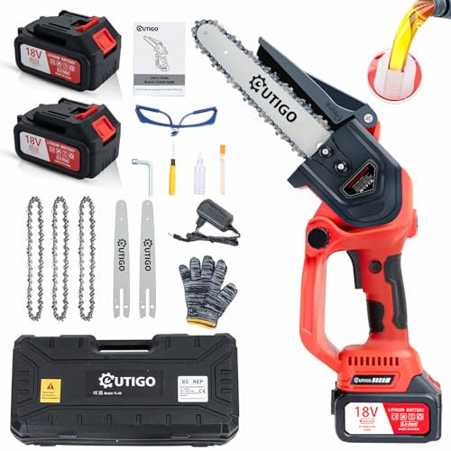 OUTIGO Tronçonneuse à batterie, 8 pouces, 2 * 3000mAh Akku, MINI Tronçonneuse sans fil, 4chaînes+3 barres de guidage de chaîne