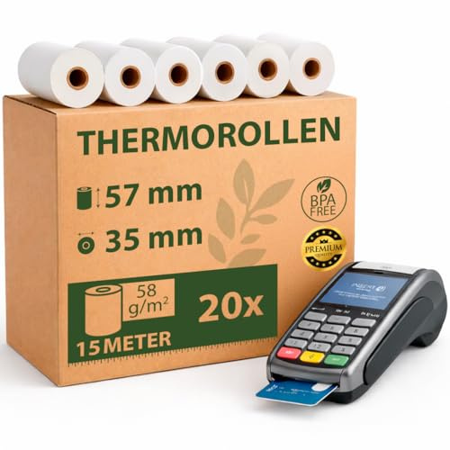 Papel Térmico TPV 57x35x12 mm - Para Impresora de Tickets, Papel Datáfonos TPV - Sin BPA, Blanco - Alta Resolución y Durabilidad (Pack 20 Rollos)