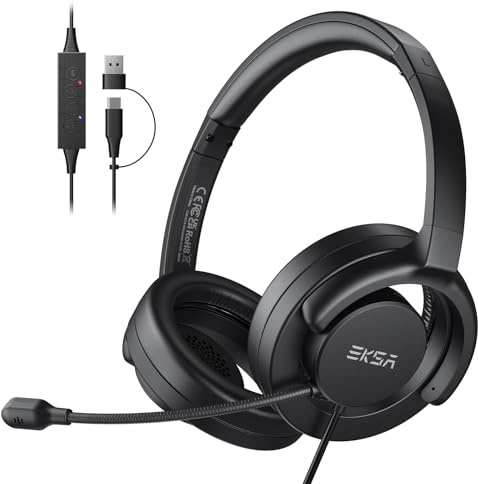 EKSA H27 Cuffie PC con Microfono, Cuffie con Filo USB-A/C, Cuffie con Pulsante di Muto, Controllo del Volume, Open-ear Wired Headset Ideali per Ufficio,Call Center Skype, Zoom