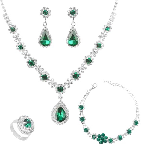 LjFrexia Set de Joyería Nupcial para Mujer, Set de Joyería de Estrás de 4 Piezas, Piedra de Cristal Colgante Gota de Agua, Collar Pendientes Pulsera Anillo, para Bodas y Moda Nocturna, Verde