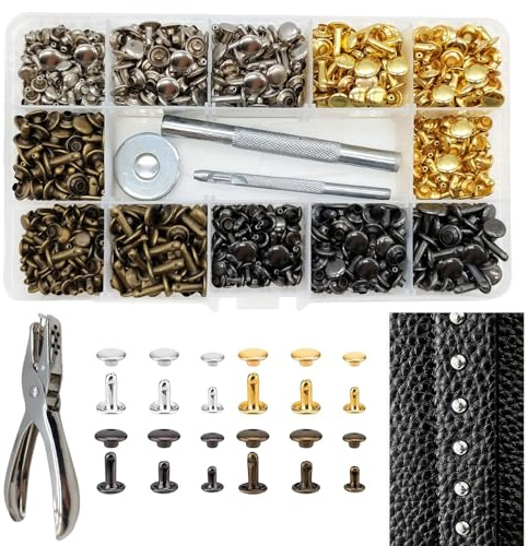 Nhgkju 360 set lädernitar, dubbelhätta, ihåliga nitar med borrverktyg och tång, 4 färger, 12 mm, 8 mm, 6 mm, lädernitar, nitar för läder, ihåliga nitar, set för gör-det-själv läderhantverk, kläder