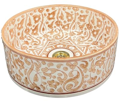 Brassatelier Terracotta & Ivory Ceramic Vessel Sink - Floral Bathroom Basin Round for Countertop - Washbasin with Brass Drain (Pink, 10in = 25cm)