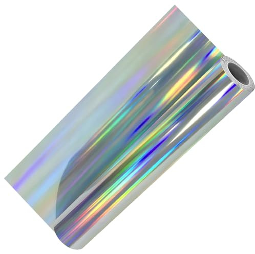 Glossy Metallic Holographic Silver Self-Adhesive Vinyl Roll (12 x 5ft / 30.5cm x 152cm) – Permanent Instant Stick Decorative Film with Clear PET Backing for DIY Crafts, Home Decor & Personalization