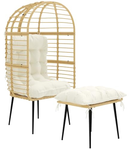 Outsunny Chaise Jardin Tabouret rotin PE Forme d'œuf métal Beige | Chaise panier, coussins longs et épais, chaise en rotin style bohème, chaise lounge pour salon, jardin, balcon, terrasse