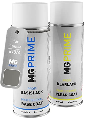 MG PRIME Vernice per auto Kit di bombolette a spruzzo per Lancia 690/A Grigio Rossini Metallic/Rossini Grau Metallic Bomboletta spray da 400ml di vernice di base vernice trasparente