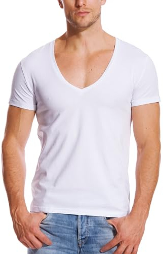 Zecmos V Neck T Shirts Men Deep V Neck Tee Muscle Slim Fit Low Cut Undershirts White L