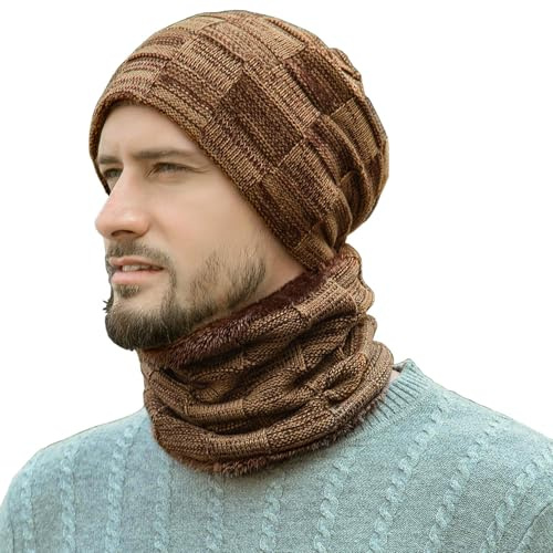 Bequemer Laden Hommes Hiver Chaud Bonnet Thermique Écharpe Ensemble Tricot Chapeau Cache-Cou avec Doublé Polaire Cadeau Homme Femme