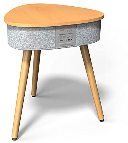 Table Basse Portable avec Enceinte Bluetooth, Chargeur Induction sans Fil et Port de Charge USB