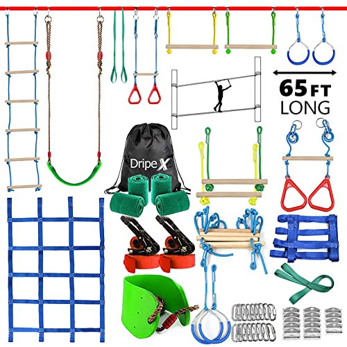 Dripex Slackline, Ninja Slackline Kinder 2×20m und Ninja Warrior Hindernisparcours Garten im Freien,Ninja Parcours Kinder mit Schaukel, Kletterleiter, Kletternetz und Baumschutz, geeignet für Anfänger