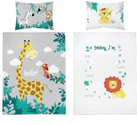 Set di biancheria da letto reversibile con leone, safari zoo animali colorati biancheria da letto per neonato e lettino con copripiumino e federa
