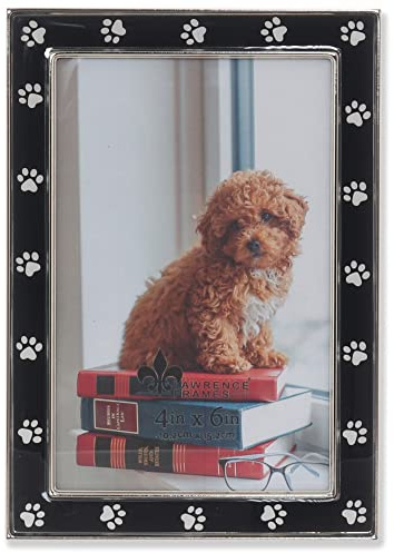 4x6 Silver Metal and Black Enamel Picture Frame, Paw Print Design