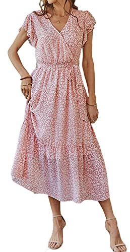 Coloody Robe Femmes été Manches Courtes Jupe Plissée Robe bohème col V imprimé Fleuri mi-Longue Robe avec Ceinture Pink M