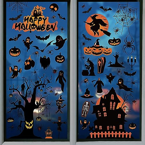 Moxled Halloween Deko Horror, Kürbis Spinnennetz Fledermaus Fensterbilder, 11 Blätte Halloween Fensteraufkleber, 98Pcs Skelett Geister Spukhaus Wandaufkleber für Kinderzimmer Halloween Party