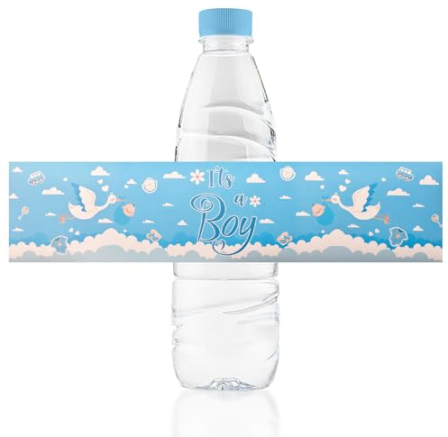 URROMA Etiquetas para botellas de agua para baby shower, 48 unidades, envolturas azules para botellas de agua, etiquetas adhesivas para botellas de agua para niños